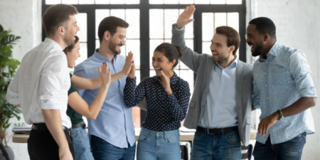 Employees are excited about their team's accomplishment