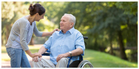 Caregiving daughter helping her elderly father